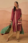 Buy_Rainas_Maroon Cupro Satin Printed Batik Bandhej Keyhole Phiran Set With Potli _at_Aza_Fashions