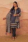 Buy_Rainas_Blue Cupro Satin Printed Leheriya Bandhani Notched Kurta Set _at_Aza_Fashions