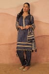 Shop_Rainas_Blue Cupro Satin Printed Leheriya Bandhani Notched Kurta Set _Online_at_Aza_Fashions