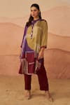 Rainas_Purple Satin Printed Abstract Band Collar Thar Pathani Tunic And Pant Set _Online_at_Aza_Fashions