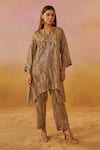 Buy_Rainas_Brown Georgette Printed Tribal Notched Tunic And Pant Set _at_Aza_Fashions