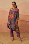 Buy_Rainas_Multi Color Tissue Printed Dunes Collar Shirt Tunic And Pant Set _at_Aza_Fashions