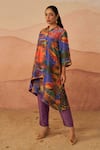 Rainas_Multi Color Tissue Printed Dunes Collar Shirt Tunic And Pant Set _Online_at_Aza_Fashions