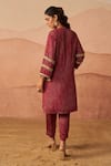 Shop_Rainas_Maroon Cupro Satin Printed Leheriya Bandhani Notched Kurta Pant Set _at_Aza_Fashions