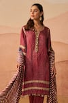 Rainas_Maroon Cupro Satin Printed Leheriya Bandhani Notched Kurta Pant Set _Online_at_Aza_Fashions