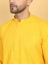 Aham-Vayam_Yellow Cotton Embroidery Thread Aham Geometric Kurta Set _at_Aza_Fashions