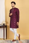 Shop_Aham-Vayam_Wine Cotton Embroidery Thread Swarna Mirror Work Kurta Set _Online_at_Aza_Fashions