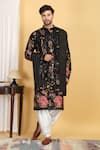 Buy_Aham-Vayam_Black Cotton Silk Embroidery Resham Upwan Floral Kurta Set _at_Aza_Fashions