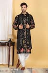 Shop_Aham-Vayam_Black Cotton Silk Embroidery Resham Upwan Floral Kurta Set _Online_at_Aza_Fashions