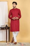 Aham-Vayam_Red Cotton Embroidery Thread Diamond Vine Kurta With Pant _Online_at_Aza_Fashions