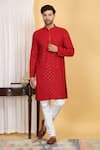 Aham-Vayam_Red Cotton Embroidery Thread Nav Harsh Diamond Vine Kurta With Pant _Online_at_Aza_Fashions