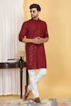 Buy_Aham-Vayam_Red Cotton Embroidery Thread Harshit Quad Phool Jaal Kurta With Pant _at_Aza_Fashions