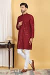 Shop_Aham-Vayam_Red Cotton Embroidery Thread Harshit Quad Phool Jaal Kurta With Pant _Online_at_Aza_Fashions