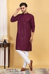 Buy_Aham-Vayam_Wine Cotton Embroidery Thread Aham Ditsy Blossom Jaal Kurta With Pant _at_Aza_Fashions