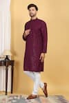 Shop_Aham-Vayam_Wine Cotton Embroidery Thread Aham Ditsy Blossom Jaal Kurta With Pant _Online_at_Aza_Fashions