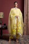 Buy_Akutee_Yellow Handwoven Modal Silk Handpainted Floral V Neck Sukhoon Kurta Pant Set _at_Aza_Fashions