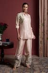 Akutee_Pink Eco Friendly Brocade Hand Painted Leaf Collared Bhavna Shirt With Pant _Online_at_Aza_Fashions