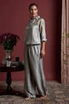 Akutee_Grey Brocade Hand Painted Flower Collared Suraiya Shirt With Pant _Online_at_Aza_Fashions