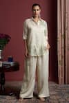 Buy_Akutee_White Chanderi Tissue Hand Painted Leaf Shirt Collared Aravali With Pant _at_Aza_Fashions