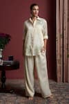 Akutee_White Chanderi Tissue Hand Painted Leaf Shirt Collared Aravali With Pant _Online_at_Aza_Fashions