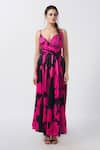 House of Varada_Black Satin Print Floral V-neck Flared Maxi Dress _Online_at_Aza_Fashions