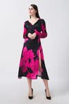 Buy_House of Varada_Black Satin Print Floral V-neck Warped Midi Dress _at_Aza_Fashions