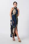 House of Varada_Blue Crepe Print Abstract Halter Floral Wrap Dress _Online_at_Aza_Fashions