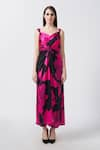 House of Varada_Black Satin Print Abstract Sweetheart Floral Twisted Dress _Online_at_Aza_Fashions