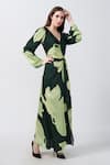 Buy_House of Varada_Green Modal Satin Print Lily V Neck Twisted Front Knot Maxi Dress _at_Aza_Fashions