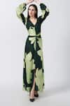 House of Varada_Green Modal Satin Print Lily V Neck Twisted Front Knot Maxi Dress _Online_at_Aza_Fashions