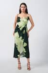 Buy_House of Varada_Green Modal Satin Print Lily Sweetheart Neck Midi Wrap Dress _at_Aza_Fashions