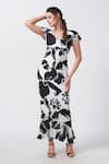 House of Varada_Black Crepe Print Musk Bloom V Neck Ruffled Sleeves Dress _Online_at_Aza_Fashions