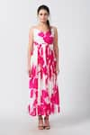 House of Varada_Pink Crepe Print Peony Bloom Overlapped Sweetheart Neck Gathered Flare Dress _Online_at_Aza_Fashions