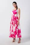 Buy_House of Varada_Pink Crepe Print Peony Bloom Overlapped Sweetheart Neck Gathered Flare Dress _Online_at_Aza_Fashions