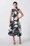 Buy_House of Varada_Black Cotton Satin Print Daisy Boat Neck Waist Cutout Midi Dress _at_Aza_Fashions