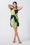 Shop_House of Varada_Green Satin Print Lily Flora Sweetheart Neck Short Dress _Online_at_Aza_Fashions