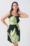 House of Varada_Green Satin Print Lily Flora Sweetheart Neck Short Dress _at_Aza_Fashions