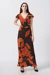 Buy_House of Varada_Brown Crepe Print Ivy Bloom V Neck Maxi Dress _at_Aza_Fashions