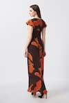 House of Varada_Brown Crepe Print Ivy Bloom V Neck Maxi Dress _Online_at_Aza_Fashions