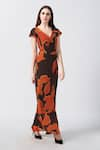 Buy_House of Varada_Brown Crepe Print Ivy Bloom V Neck Maxi Dress _Online_at_Aza_Fashions