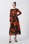 Buy_House of Varada_Brown Crepe Print Autumn Bloom Boat Neck Midi Dress _at_Aza_Fashions