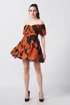 Buy_House of Varada_Brown Crepe Print Florence Off Shoulder Sweetheart Neck Short Dress _Online_at_Aza_Fashions