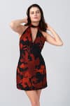 Shop_House of Varada_Orange Chinon Print Abstract Halter Neck Floral Tie Up Dress _Online_at_Aza_Fashions