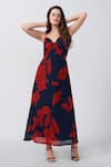 Buy_House of Varada_Red Chinon Print Abstract Sweetheart Floral Ruched Yoke Dress _at_Aza_Fashions