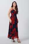 Buy_House of Varada_Red Chinon Print Abstract Sweetheart Floral Ruched Yoke Dress _Online_at_Aza_Fashions