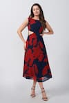 Buy_House of Varada_Red Chinon Print Abstract Boat Neck Floral Cutout A-line Dress _at_Aza_Fashions