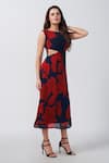 House of Varada_Red Chinon Print Abstract Boat Neck Floral Cutout A-line Dress _Online_at_Aza_Fashions