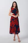 Buy_House of Varada_Red Chinon Print Abstract Boat Neck Floral Cutout A-line Dress _Online_at_Aza_Fashions