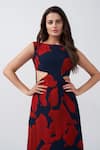 Shop_House of Varada_Red Chinon Print Abstract Boat Neck Floral Cutout A-line Dress _Online_at_Aza_Fashions