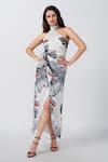 Buy_House of Varada_White Modal Satin Print Floral Halter Neck Asymmetric Wrap Dress _at_Aza_Fashions